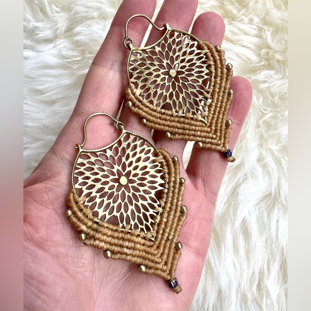 Artisan Handwoven HEMP & BRASS Mandala Boho Earrings - Picture 6 of 7